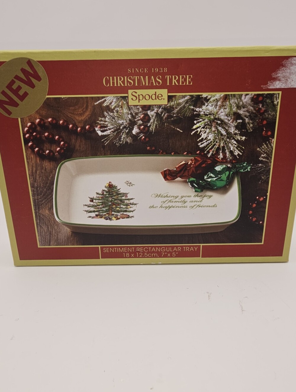 Spode Christmas Tree, Green and White Sentiment Rectangular Tray, 5"×7", NIB
